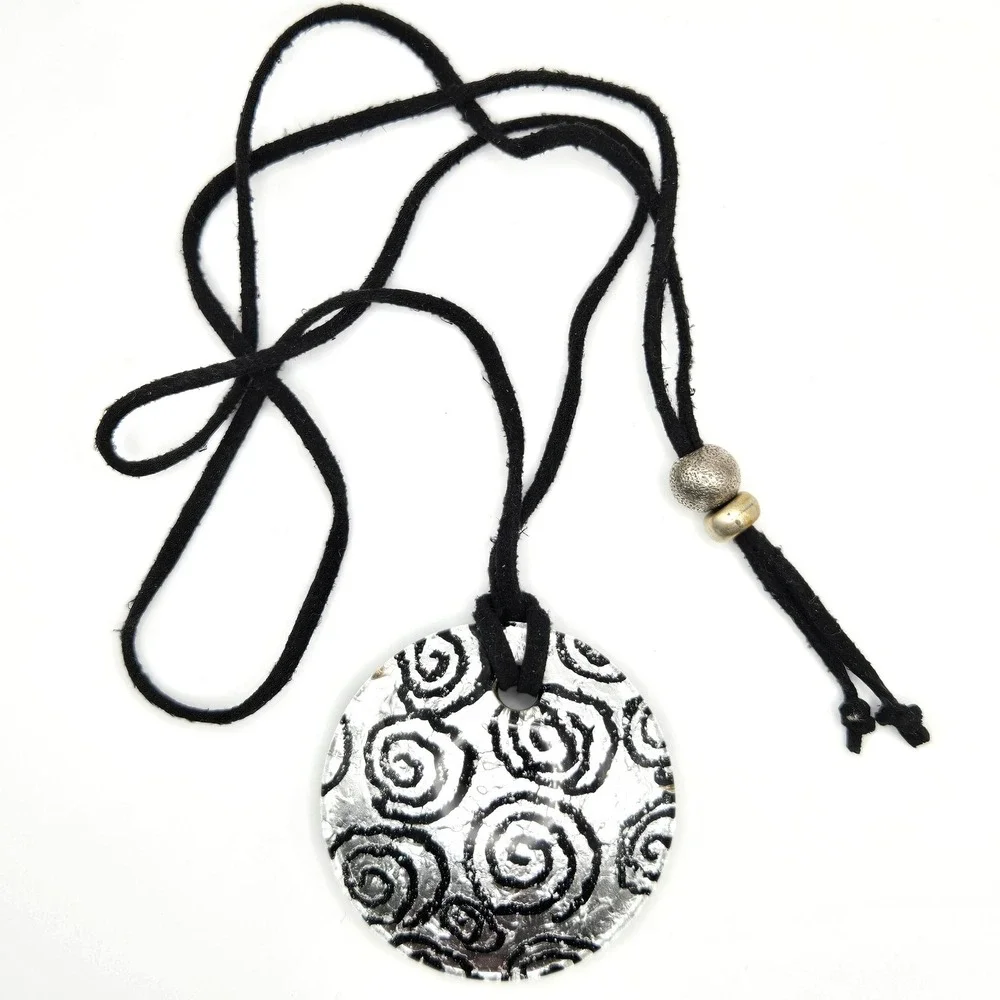 Round Dichroic Glass Pendant Necklace Black Swirls Suede Cord Adjustable Closure